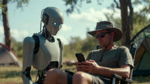 AI robot assisting a small business owner with mobile communication, representing AI for small business marketing and workflow automation